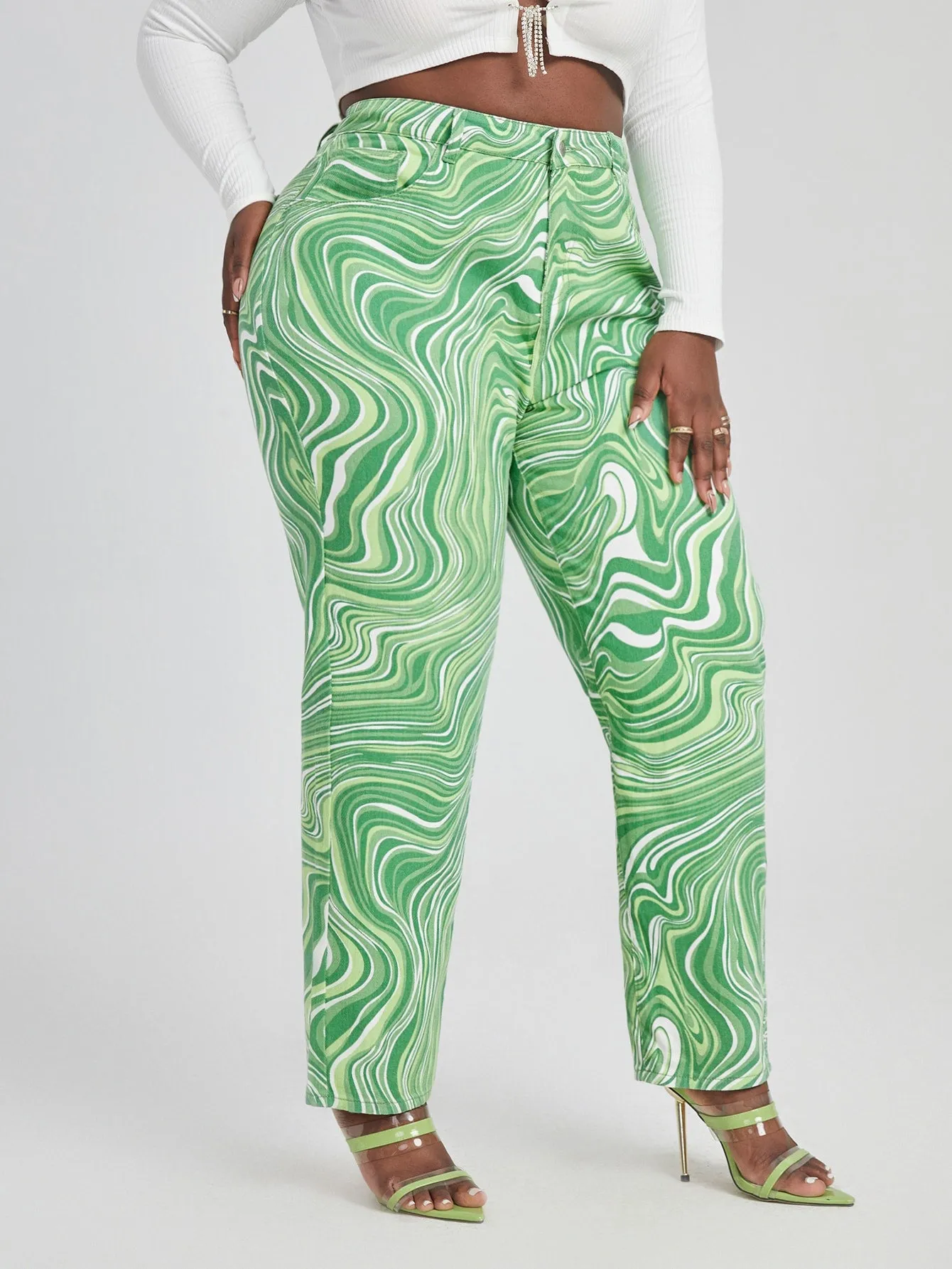 All Over Print Zipper High Waist Long Plus Size Jeans