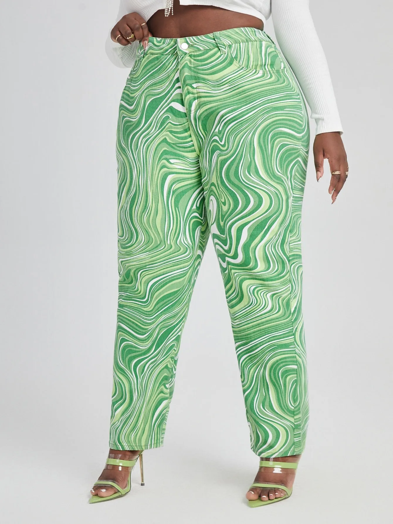All Over Print Zipper High Waist Long Plus Size Jeans