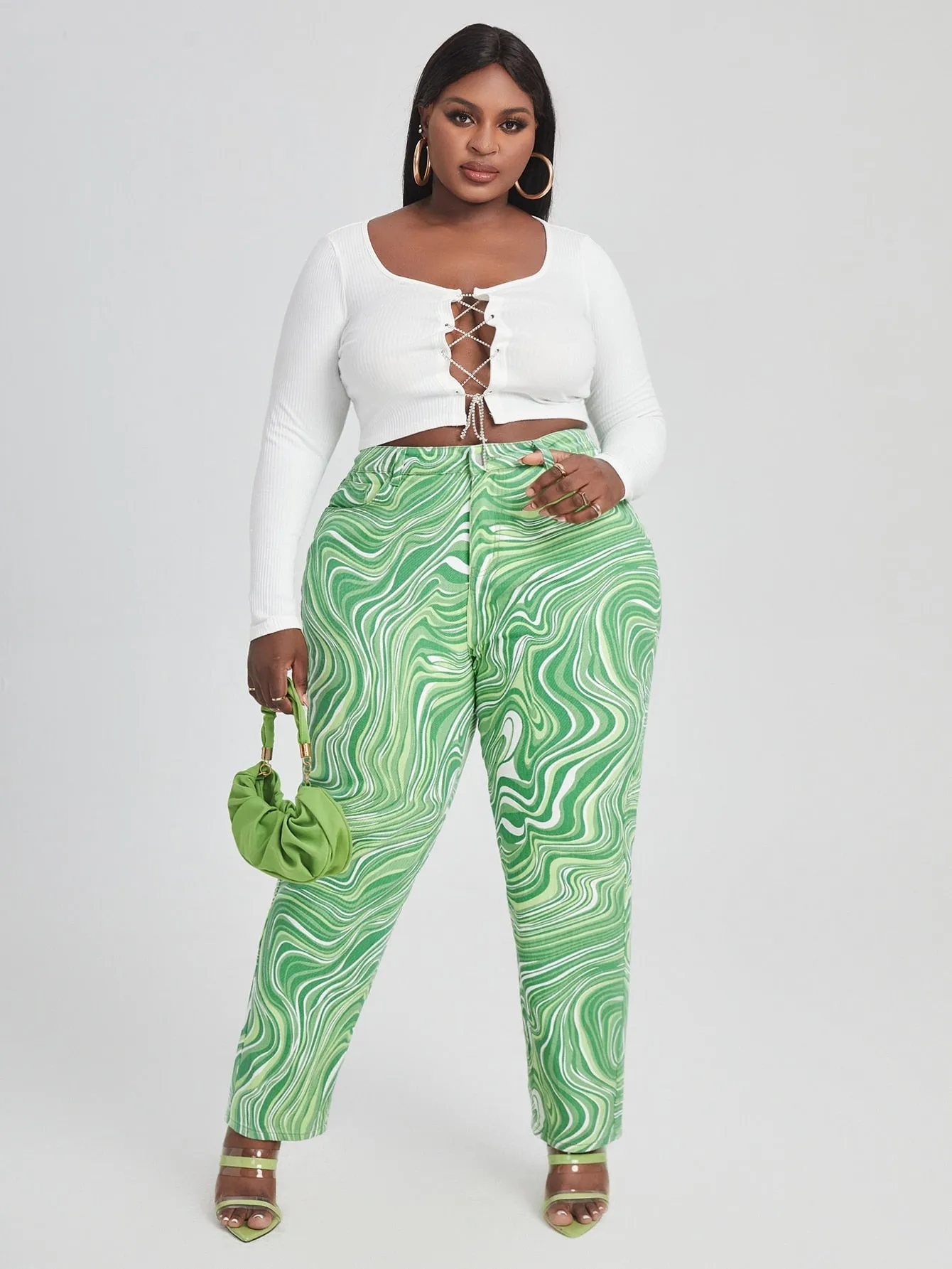 All Over Print Zipper High Waist Long Plus Size Jeans