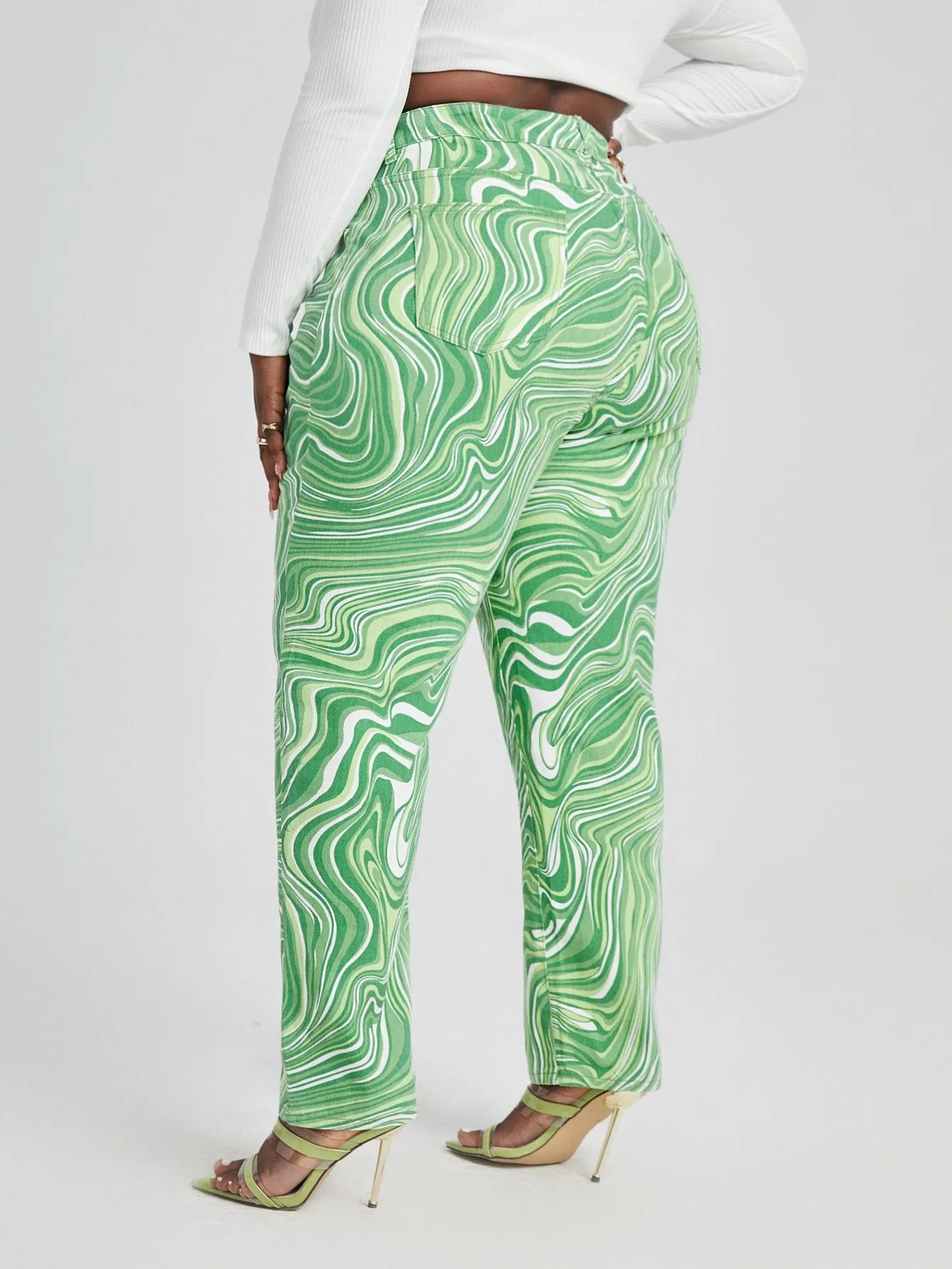 All Over Print Zipper High Waist Long Plus Size Jeans