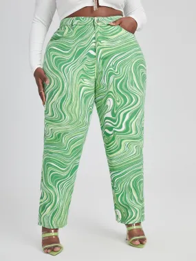 All Over Print Zipper High Waist Long Plus Size Jeans