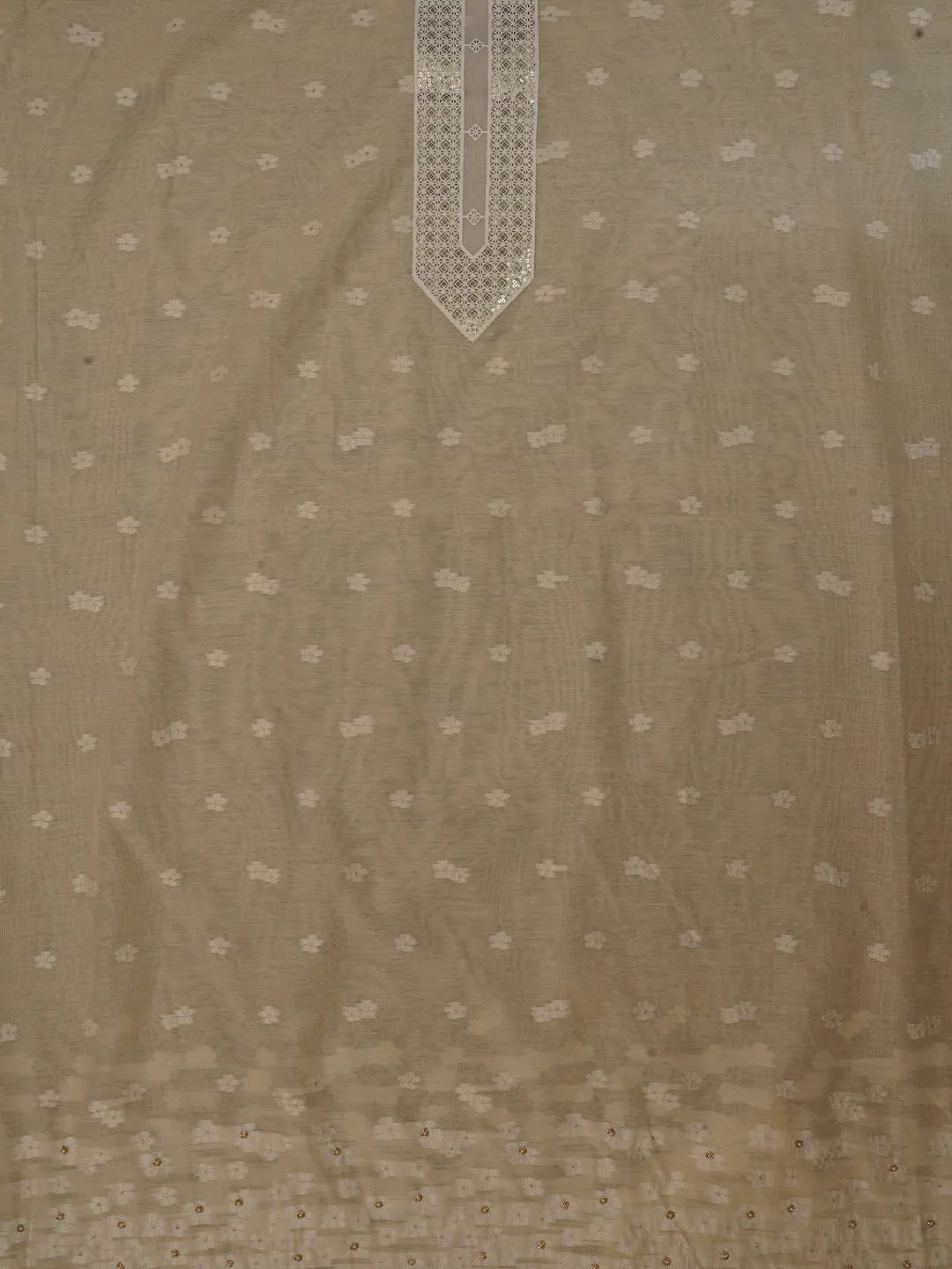 Beige Cotton Woven Design Embellished Dress Material with Dupatta