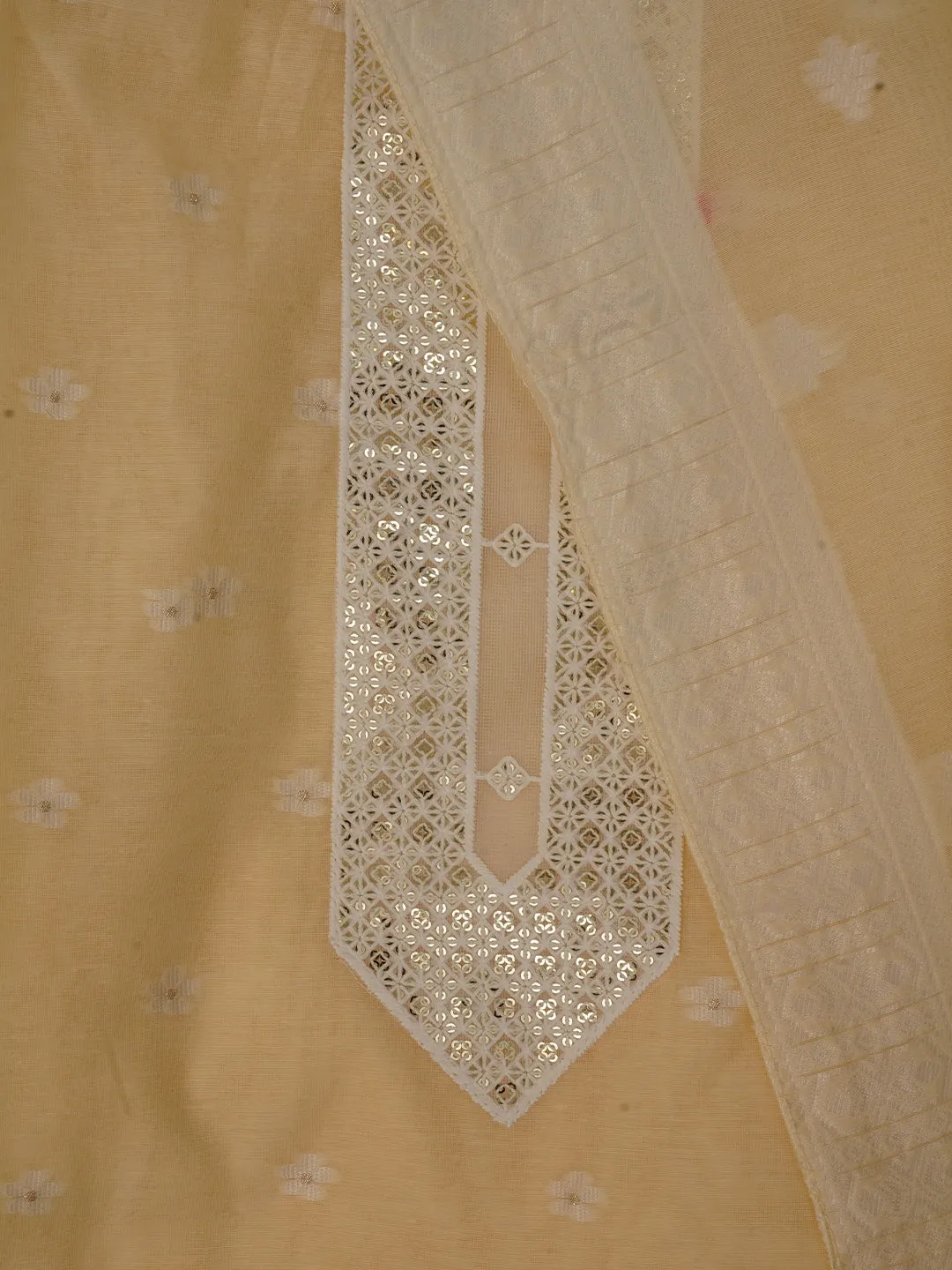 Beige Cotton Woven Design Embellished Dress Material with Dupatta