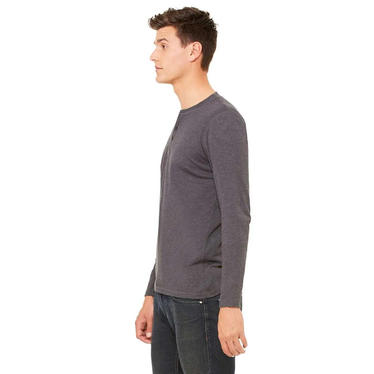 Bella   Canvas Men's Dark Grey Heather Jersey Long-Sleeve Henley