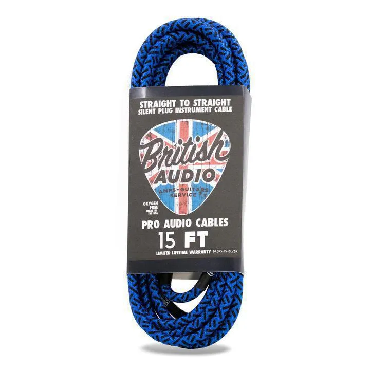 British Audio Pro Performance Silent Instrument Cable - Straight Silent to Straight (Blue & Black Braid)
