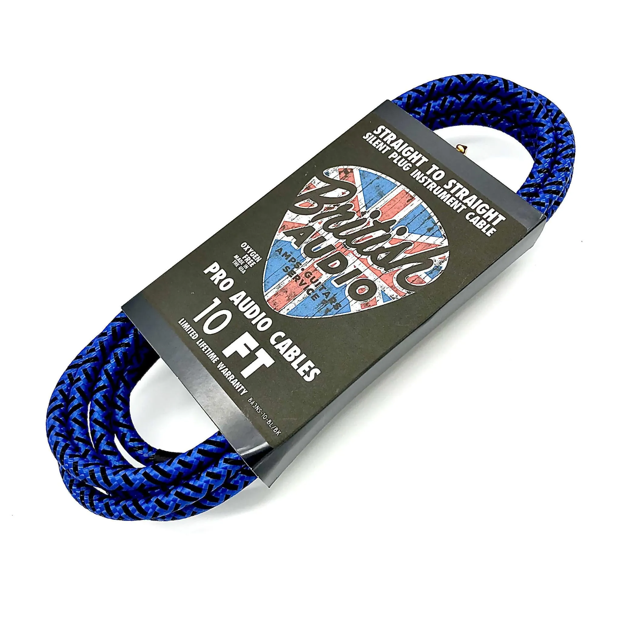 British Audio Pro Performance Silent Instrument Cable - Straight Silent to Straight (Blue & Black Braid)