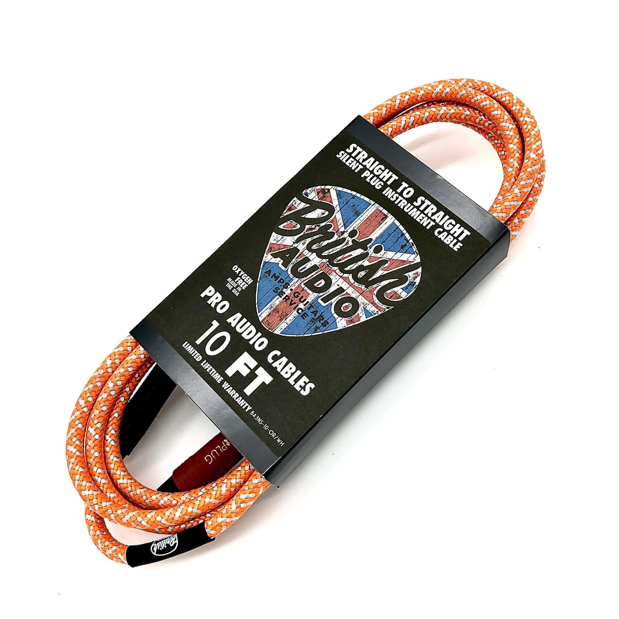 British Audio Pro Performance Silent Instrument Cable - Straight Silent to Straight (Orange & White Braid)