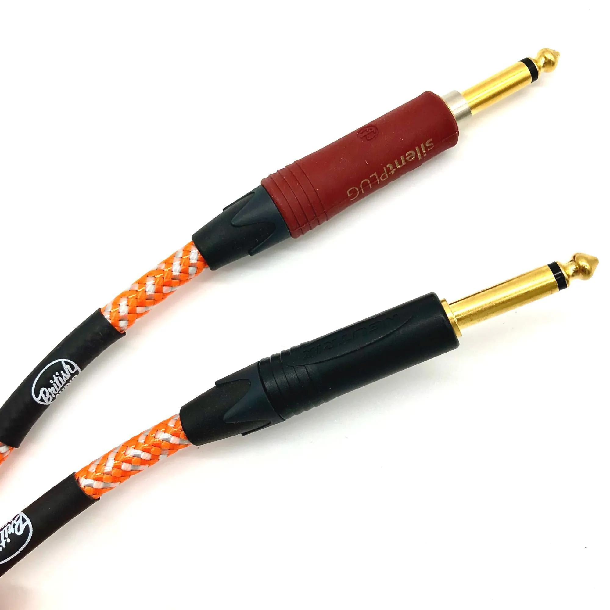 British Audio Pro Performance Silent Instrument Cable - Straight Silent to Straight (Orange & White Braid)