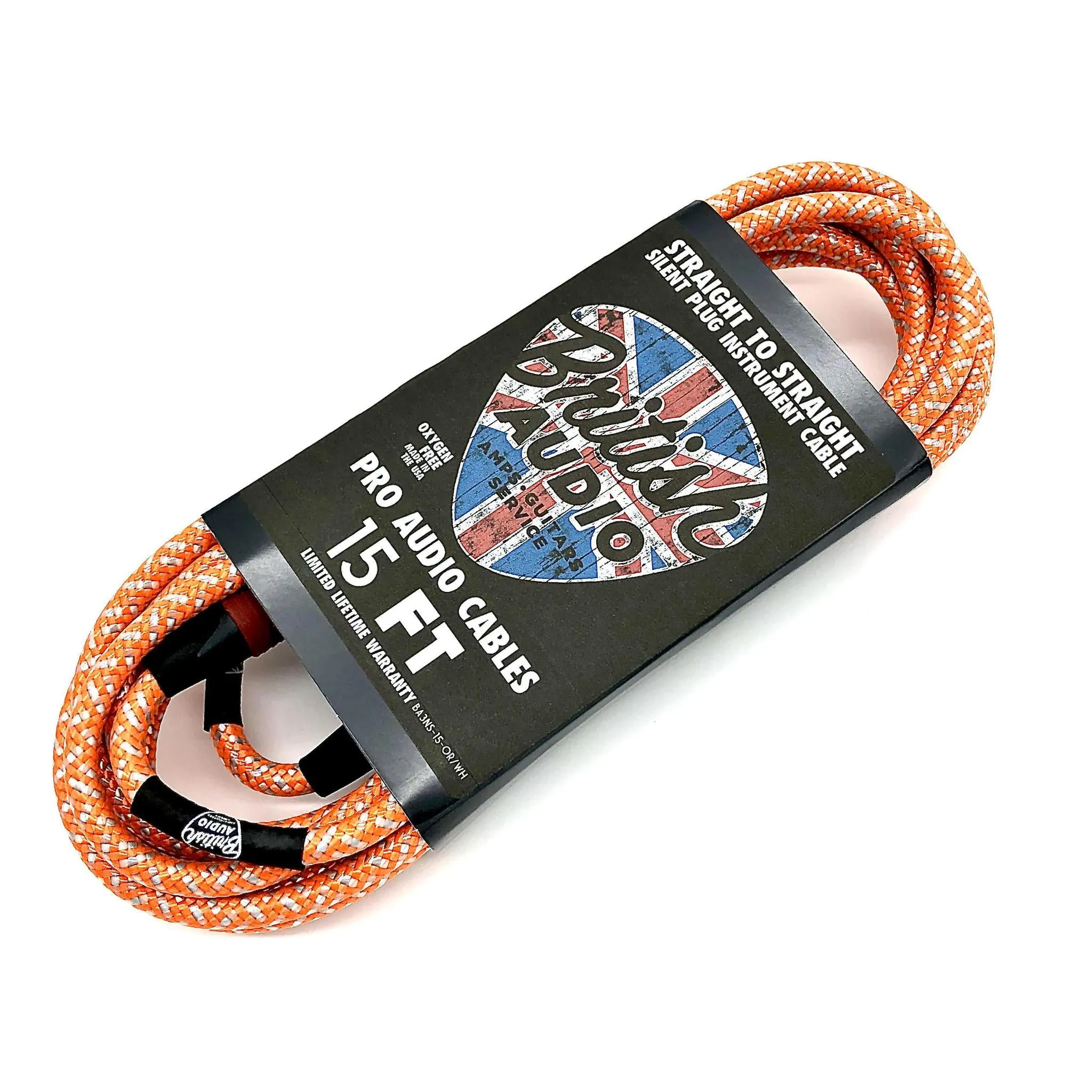 British Audio Pro Performance Silent Instrument Cable - Straight Silent to Straight (Orange & White Braid)