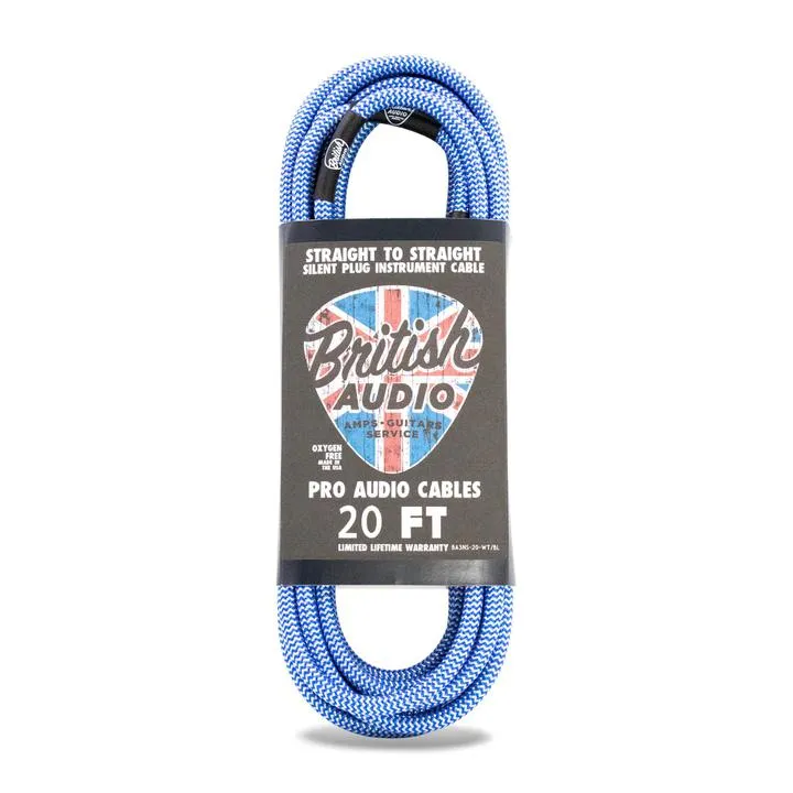 British Audio Pro Performance Silent Instrument Cable - Straight Silent to Straight (White & Blue Braid) 20FT