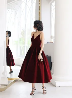 Burgundy V-Neck Velvet Short Prom Dress, A-Line Spaghetti Strap Evening Dress