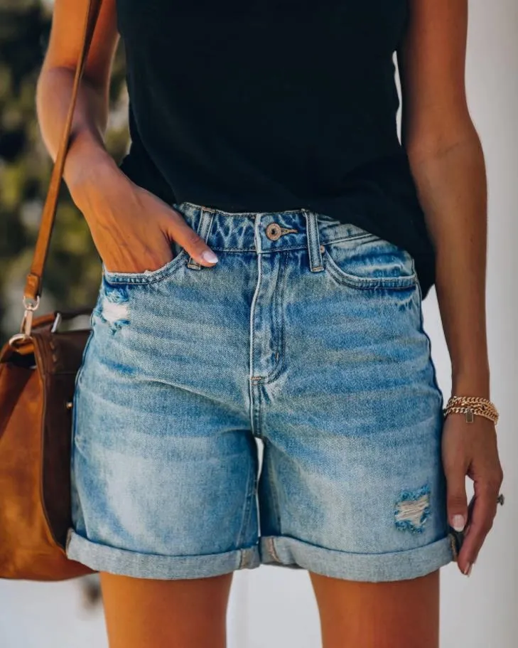 Casual Ripped Washed Straight Leg Denim Shorts Wholesale Jeans