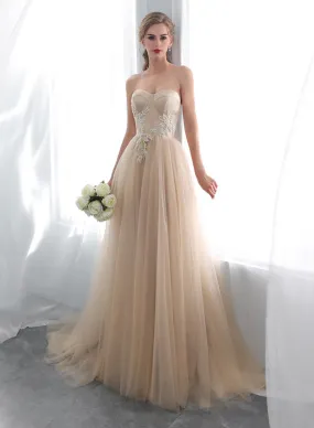 Champagne Strapless Tulle Lace Long Prom Dress, Champagne Floor Length Evening Dress