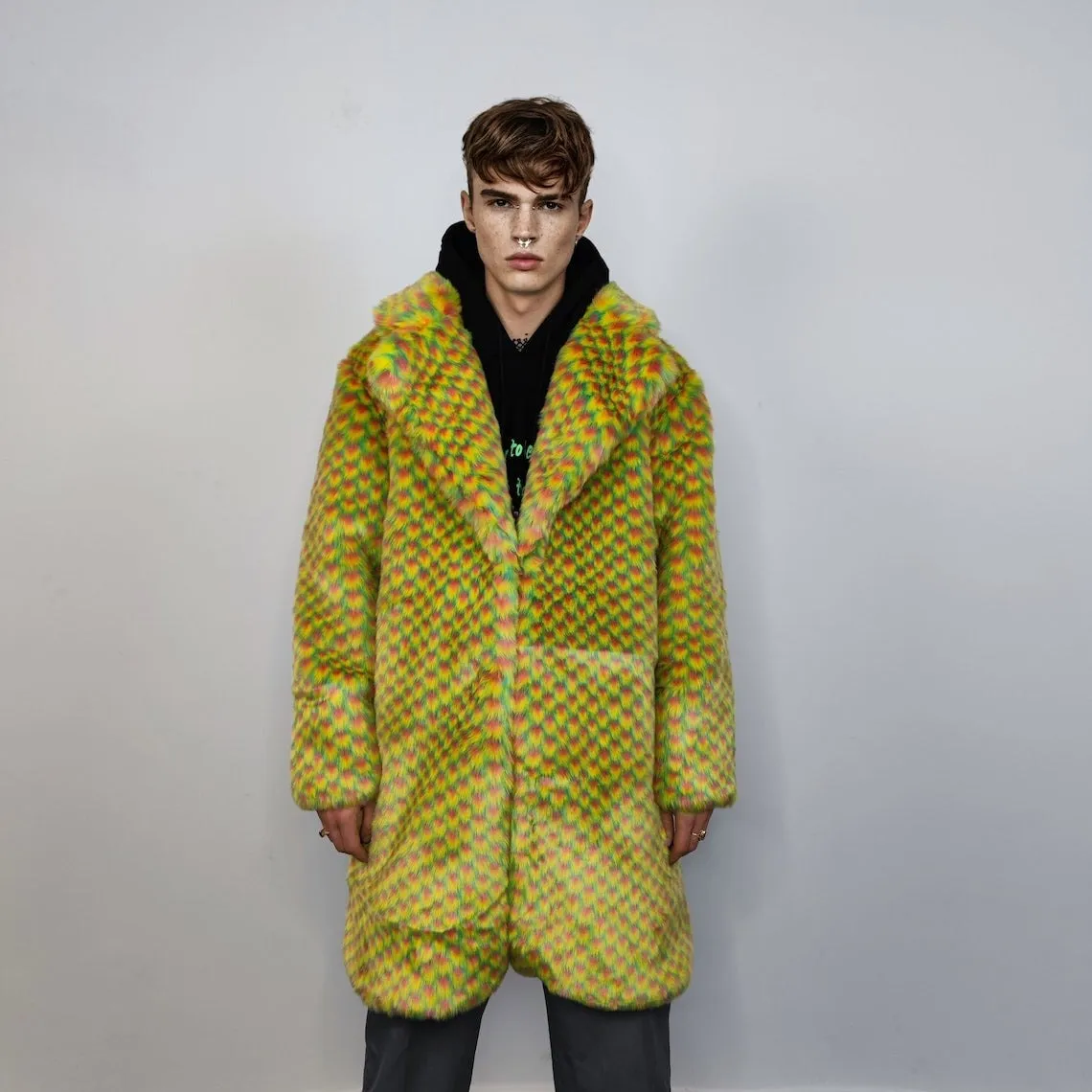 Checked faux fur longline coat geometric trench bright raver bomber fluffy winter fleece festival jacket neon burning man coat in yellow