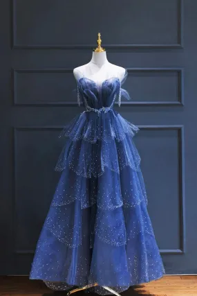 Dark Blue Tulle Beaded Long Senior Prom Dress, A-Line Evening Party Dress