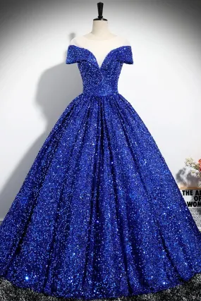 Elegant Sequins Floor Length Formal Dress, Blue A-Line Shiny Evening Party Dress