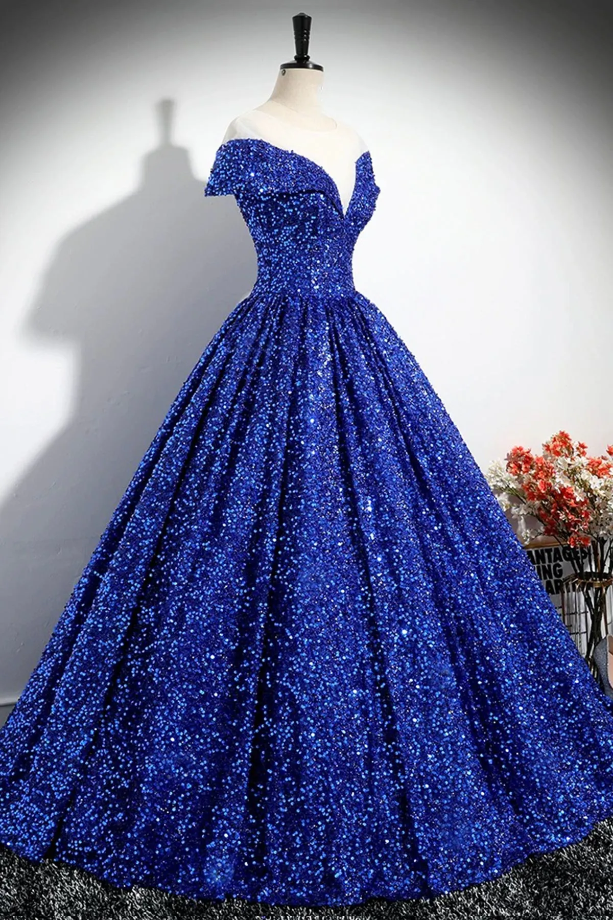 Elegant Sequins Floor Length Formal Dress, Blue A-Line Shiny Evening Party Dress