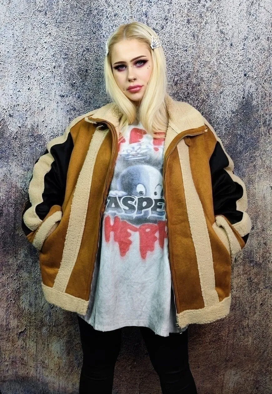 Faux fur biker jacket fluffy fleece aviator bomber in brown