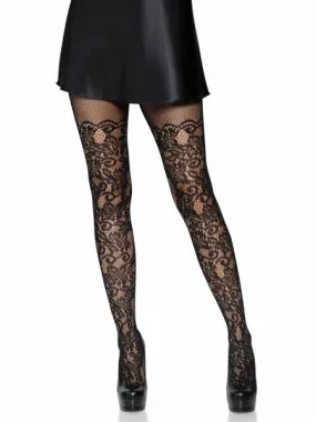Floral Vine Net Pantyhose - Black - One Size