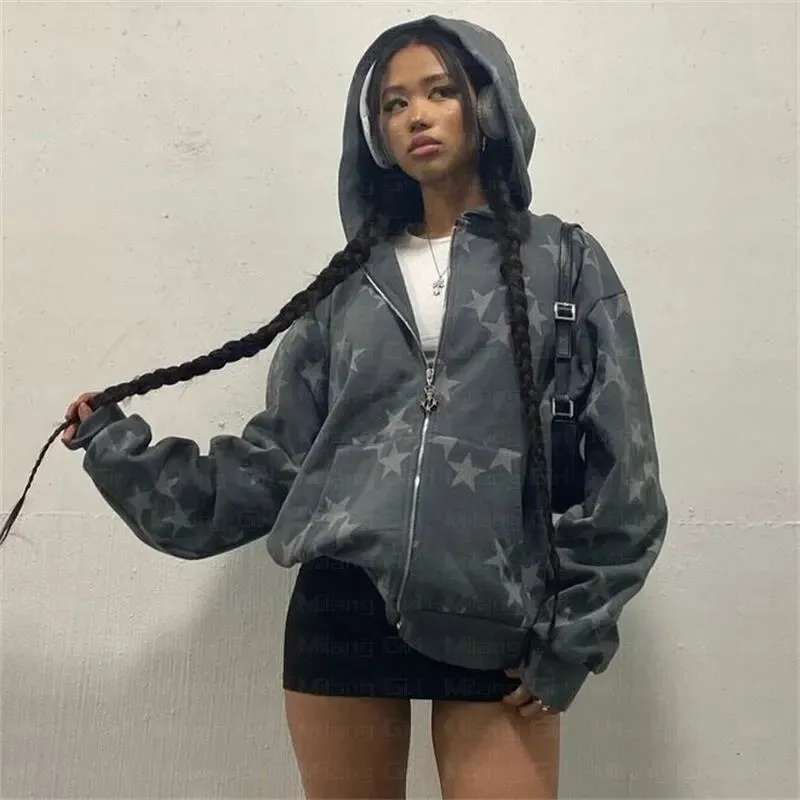 Girlary vintage Fashion star graphic fairy grunge Men Women Long-sleeved Zip Hoodie Jacket OverSize Streetwear Y2K clothes emo Pullover