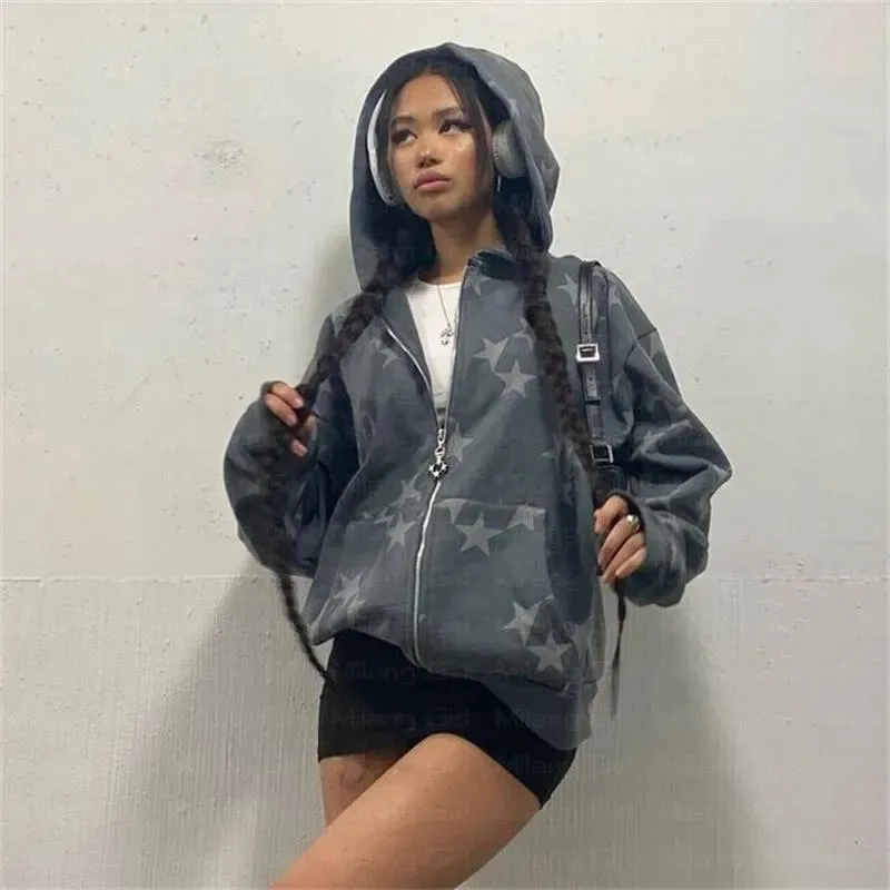 Girlary vintage Fashion star graphic fairy grunge Men Women Long-sleeved Zip Hoodie Jacket OverSize Streetwear Y2K clothes emo Pullover