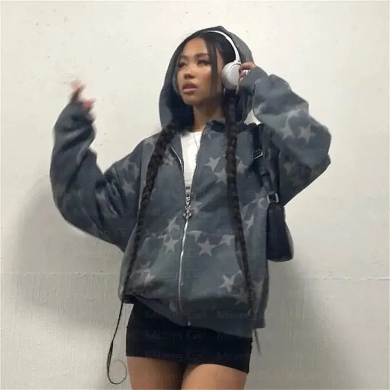 Girlary vintage Fashion star graphic fairy grunge Men Women Long-sleeved Zip Hoodie Jacket OverSize Streetwear Y2K clothes emo Pullover