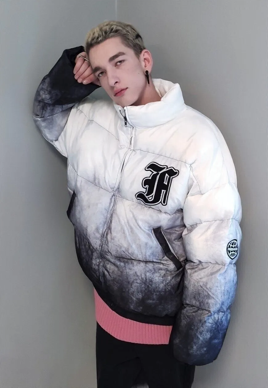 Gradient bomber jacket tie-dye patch varsity in blue white