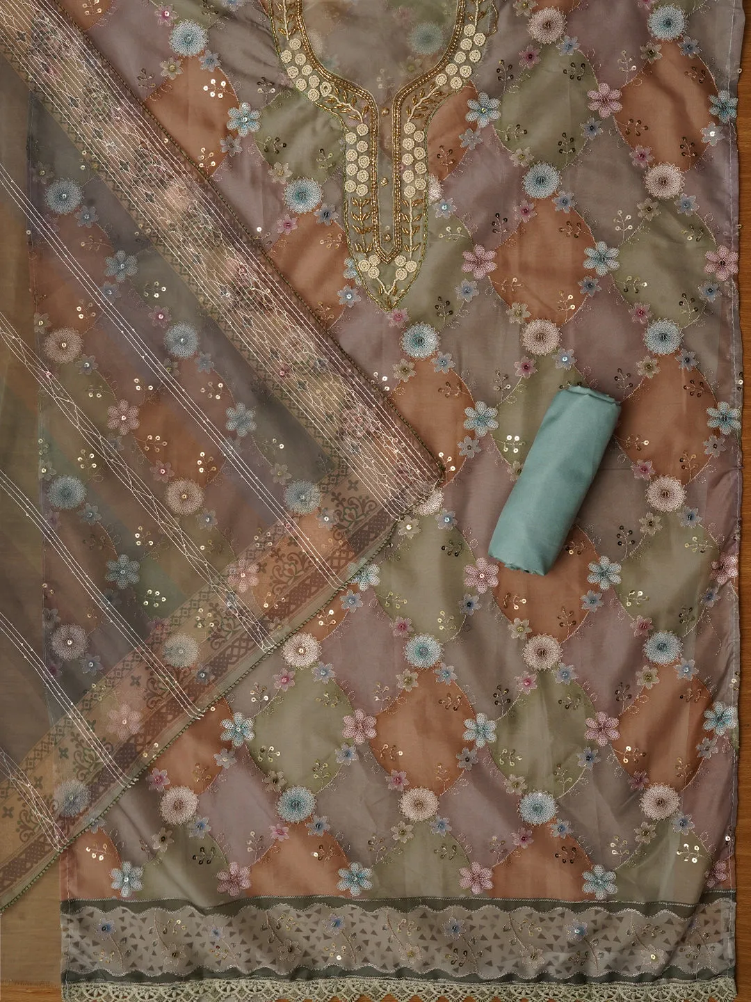 Green Sequin Embellished Organza Dress Material with Dupatta