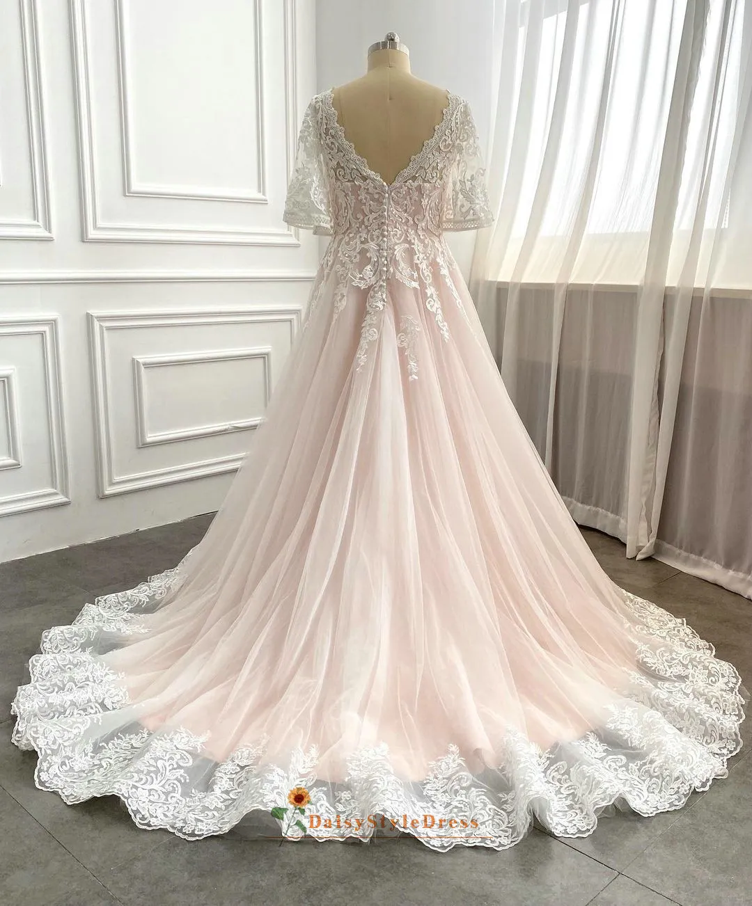 Half Sleeve Plus Size Blush Wedding Dress
