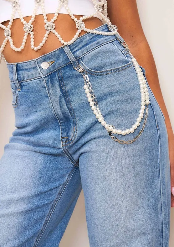 High-Rise Wide Leg Jeans with Pearl String