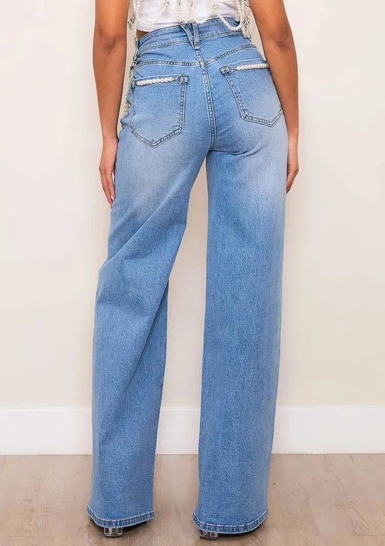 High-Rise Wide Leg Jeans with Pearl String