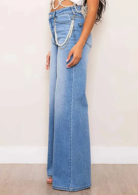 High-Rise Wide Leg Jeans with Pearl String