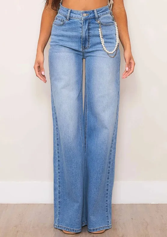 High-Rise Wide Leg Jeans with Pearl String