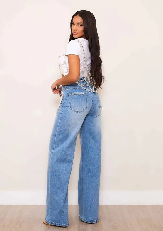 High-Rise Wide Leg Jeans with Pearl String