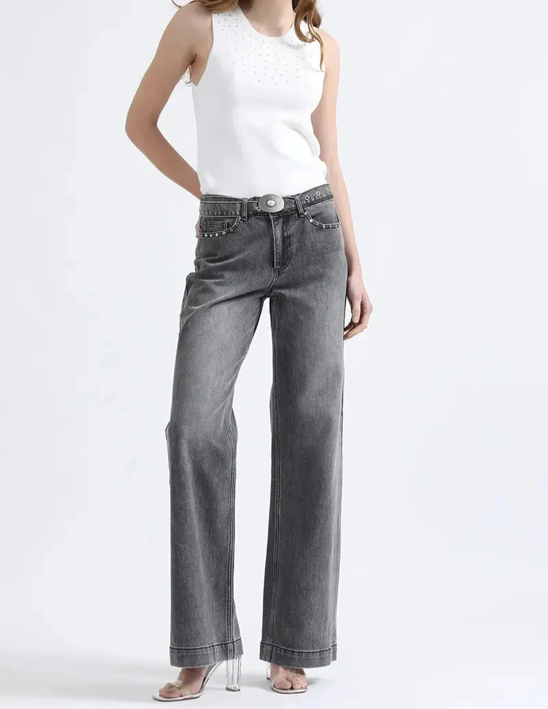 Jeans Mujer Straight Fit Tiro Medio Con Cinturón Gris