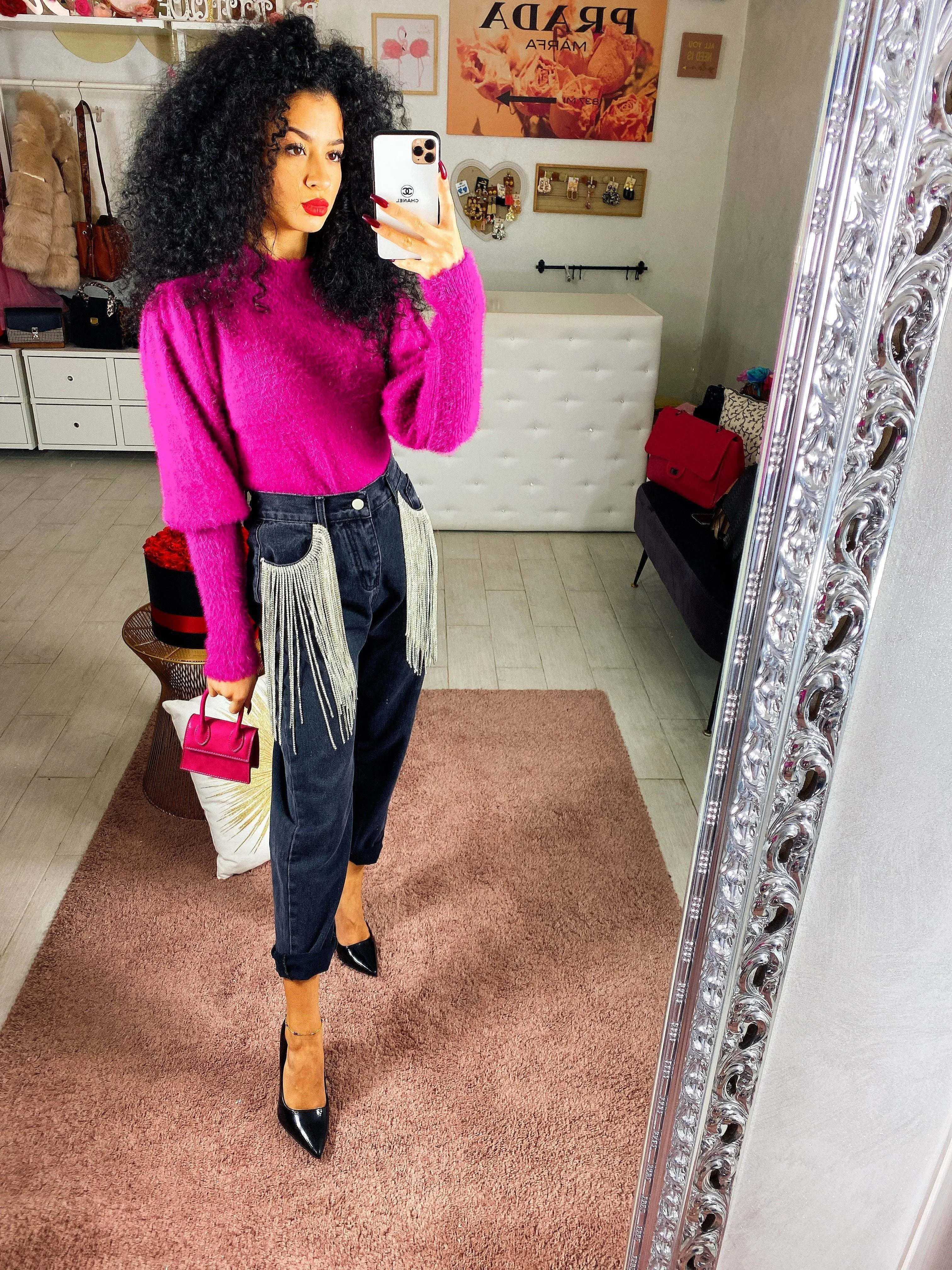 Jeans nero con strass