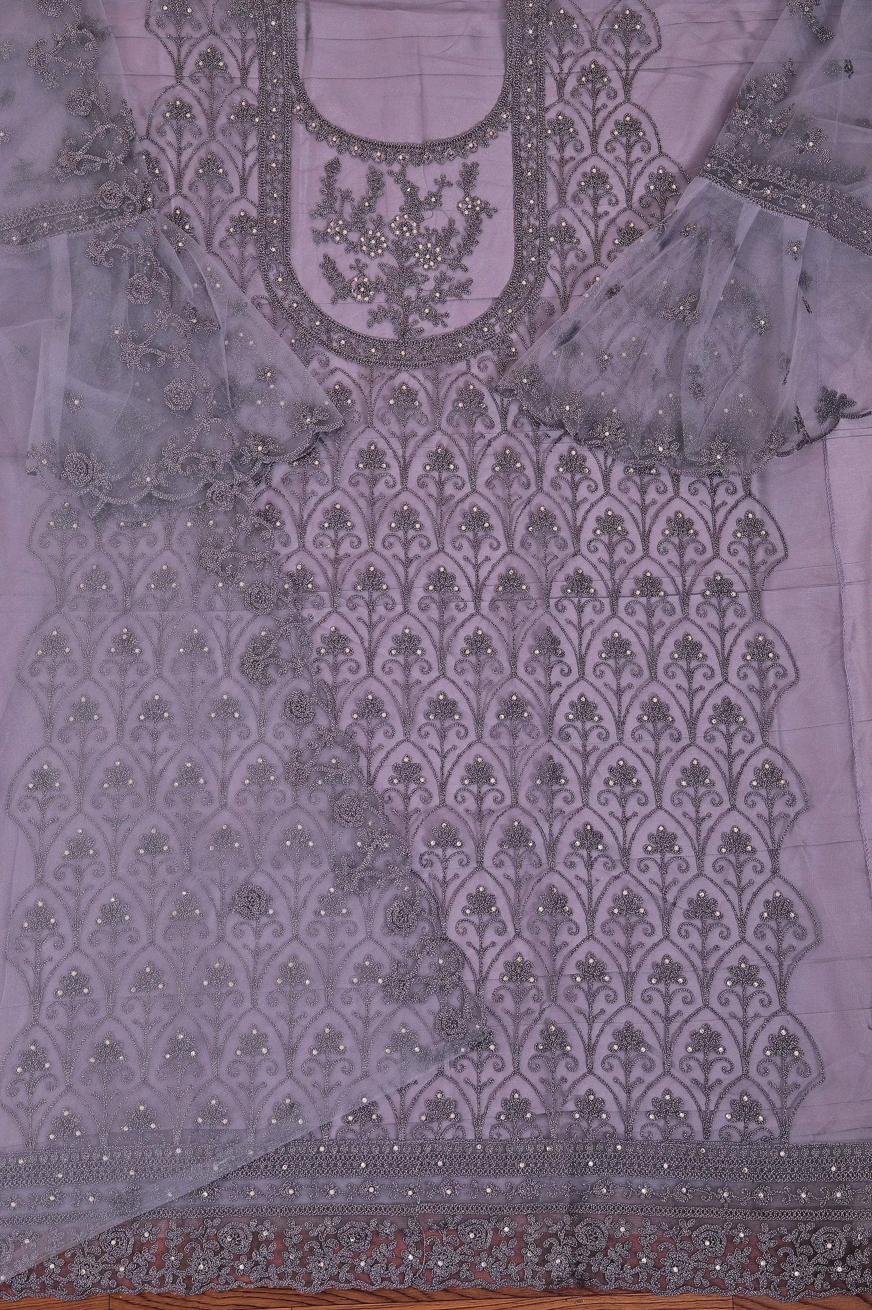 Lavender Heavy Embroidered Net Dress Material with Dupatta