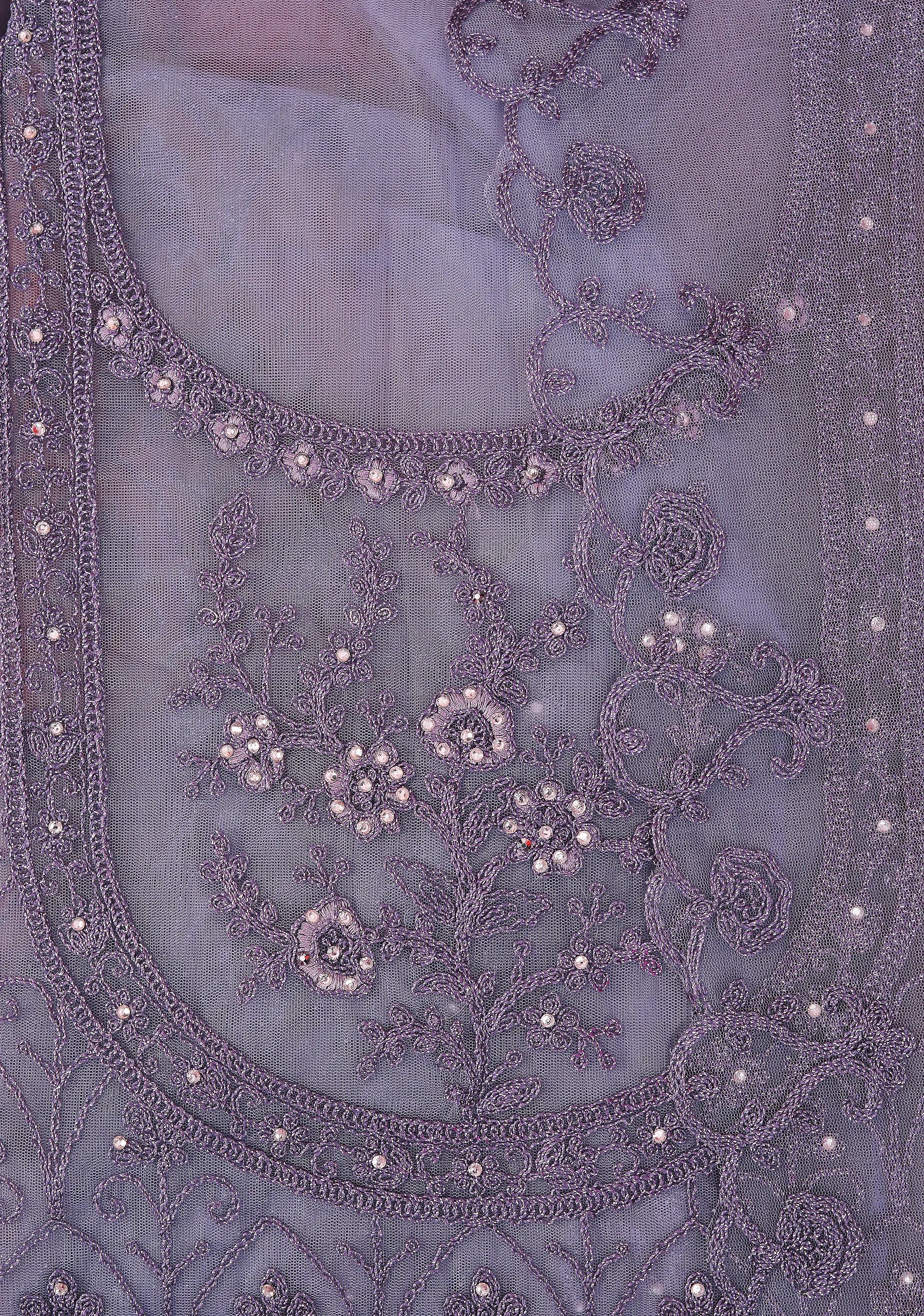 Lavender Heavy Embroidered Net Dress Material with Dupatta