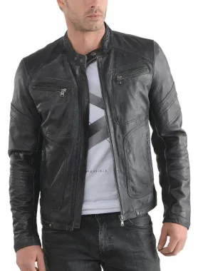 Leather Jackets Hub Mens Genuine Lambskin Leather Jacket (Black, Racer Jacket) - 1501476