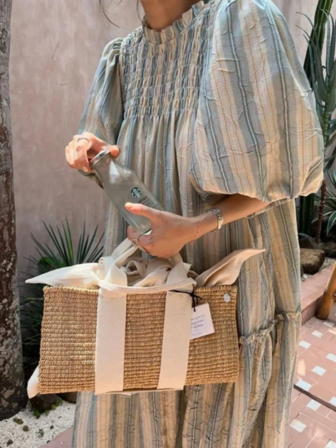 Light blue and beige striped maxi dress