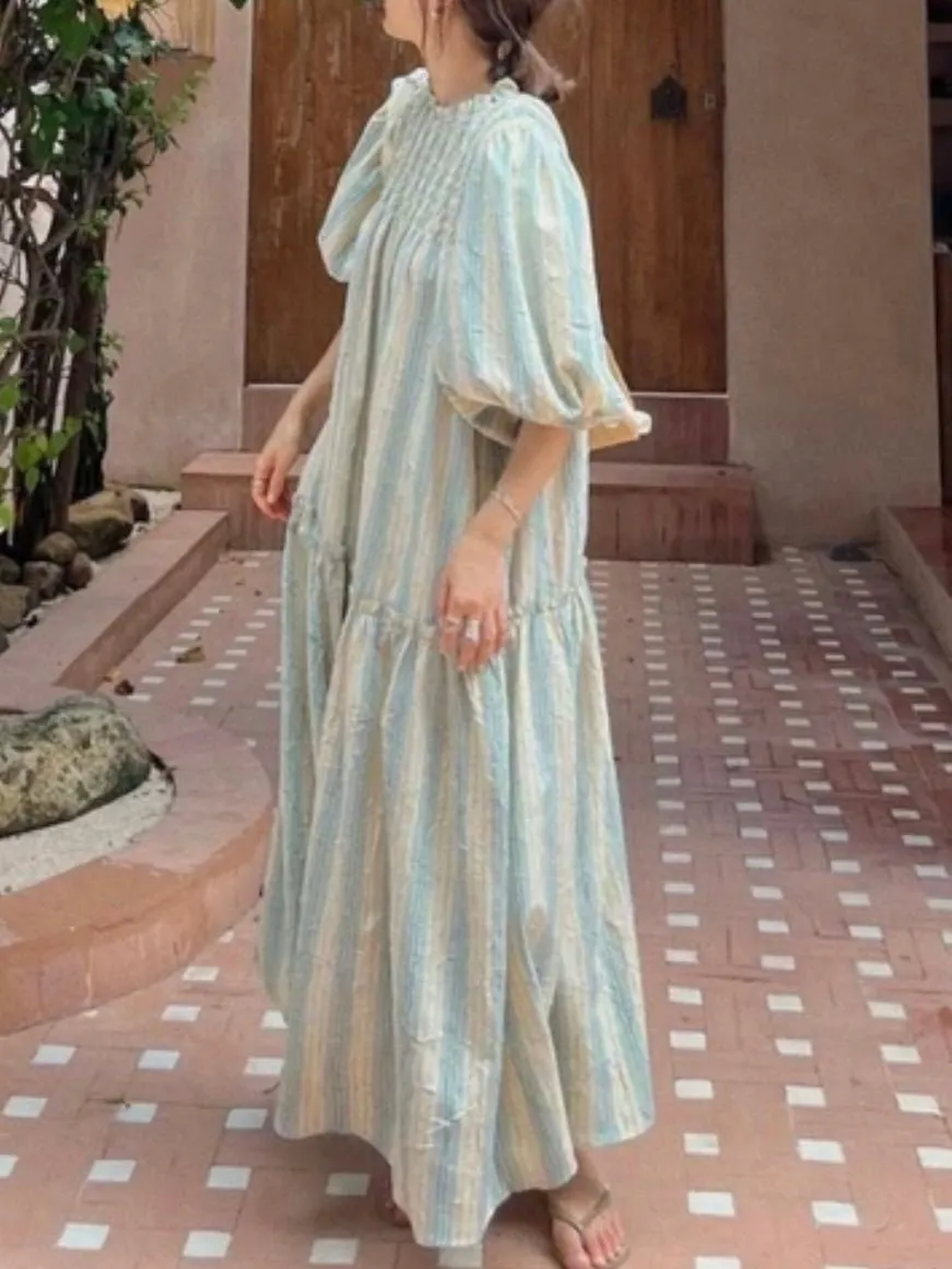 Light blue and beige striped maxi dress