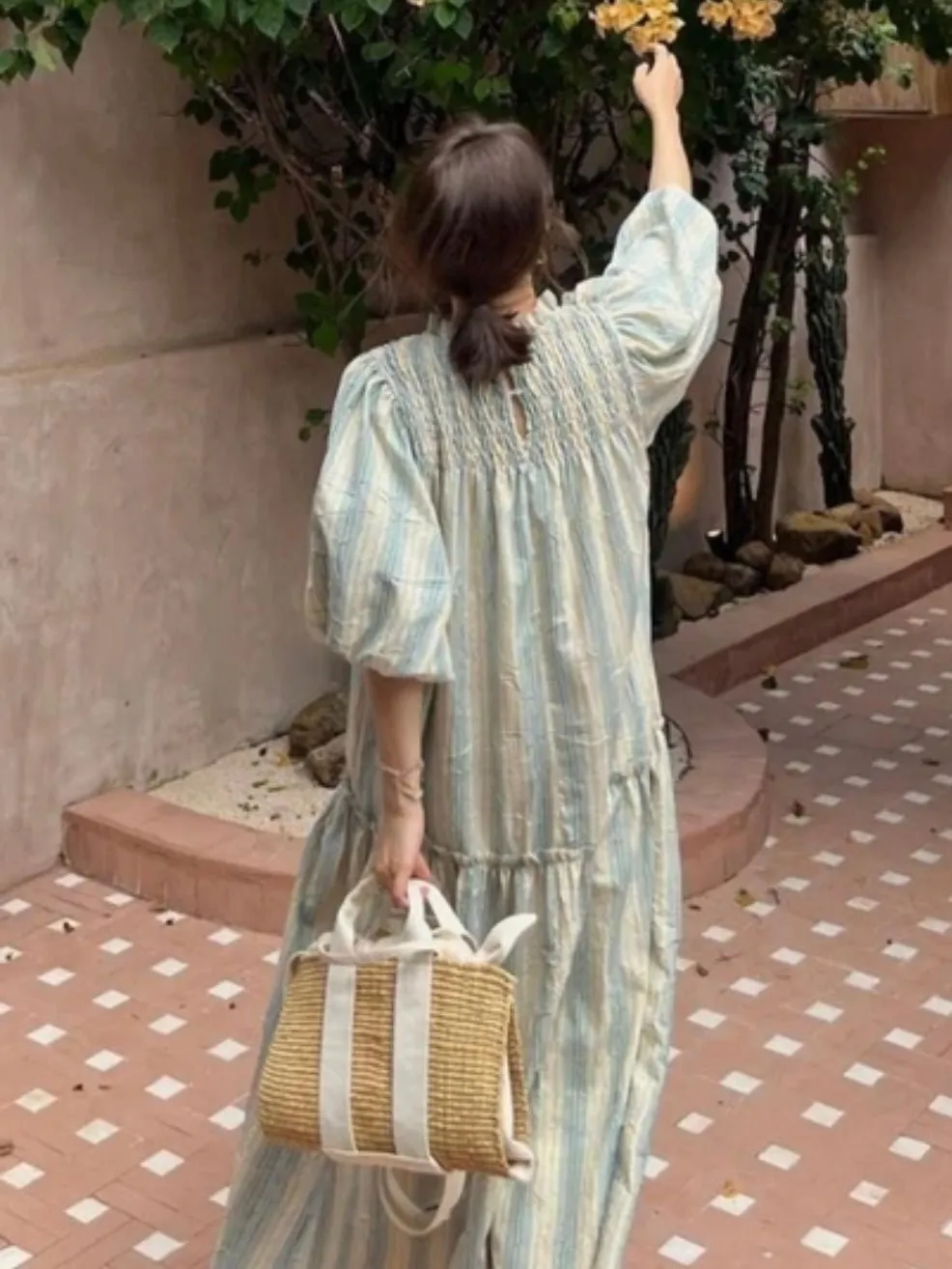 Light blue and beige striped maxi dress