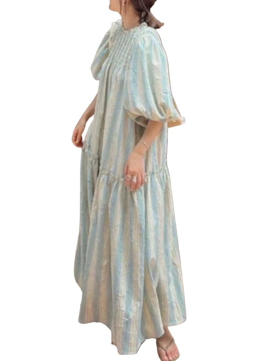 Light blue and beige striped maxi dress