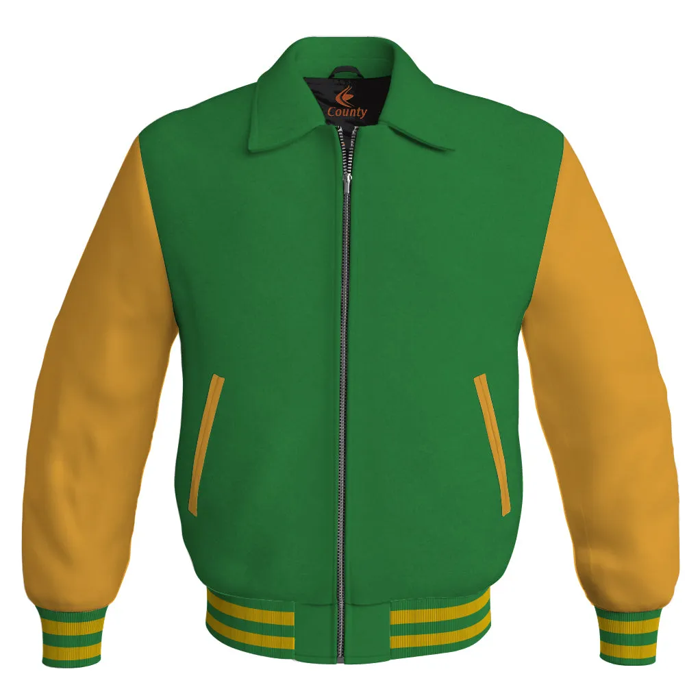 Luxury Bomber Classic Jacket Green Body and Golden Leather Sleeves