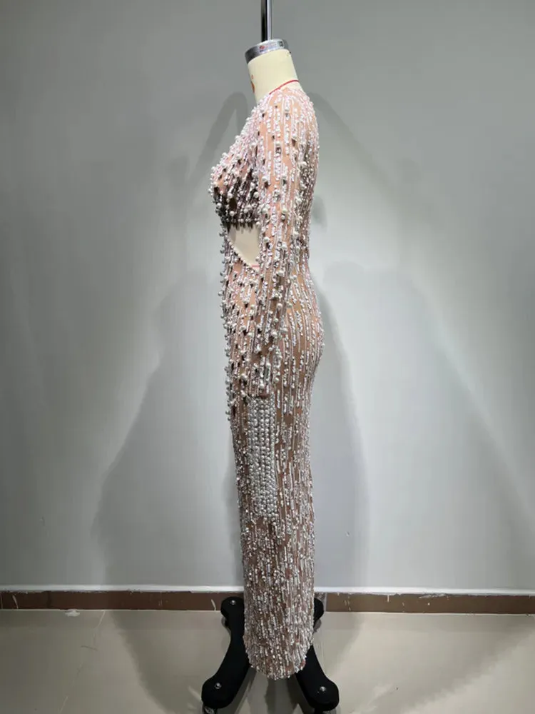 Luxury Long Sleeve Sequins Pearl Long Elegant Dress