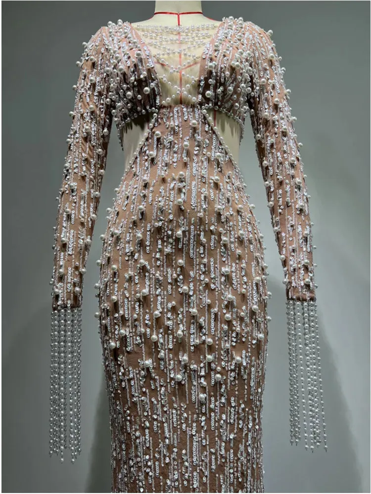 Luxury Long Sleeve Sequins Pearl Long Elegant Dress