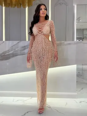 Luxury Long Sleeve Sequins Pearl Long Elegant Dress