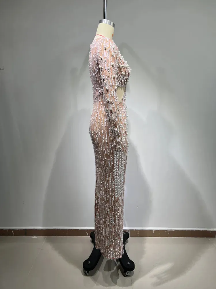 Luxury Long Sleeve Sequins Pearl Long Elegant Dress