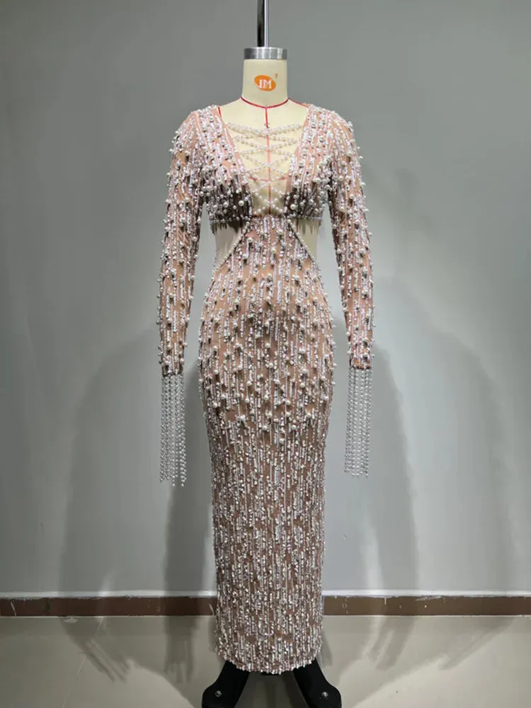 Luxury Long Sleeve Sequins Pearl Long Elegant Dress