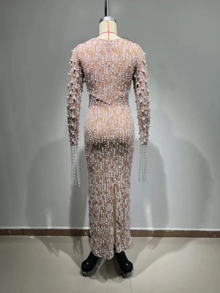 Luxury Long Sleeve Sequins Pearl Long Elegant Dress